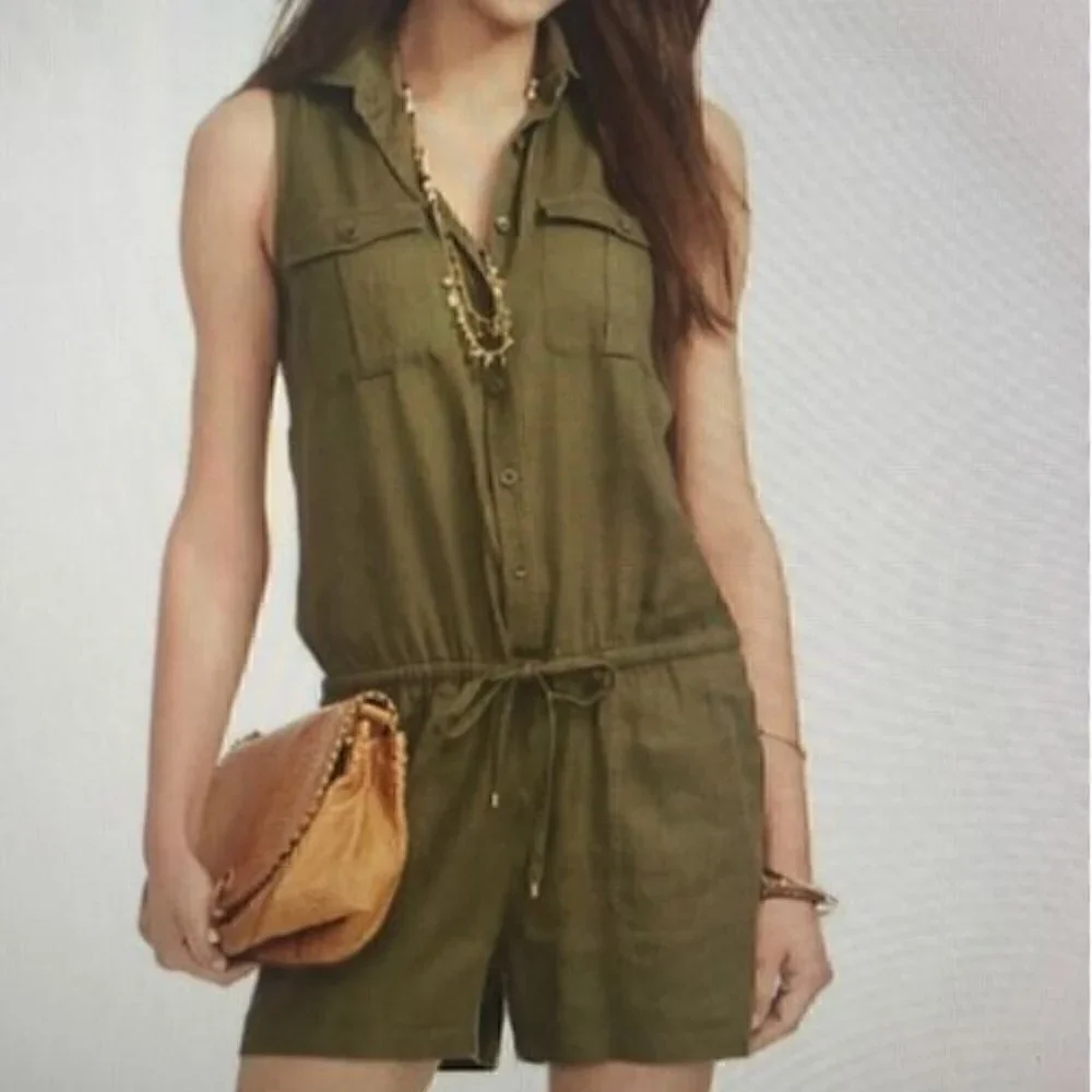 Ralph Lauren Army Green Linen Blend Shorts Romper Size 12 Petite - Picture 1 of 12